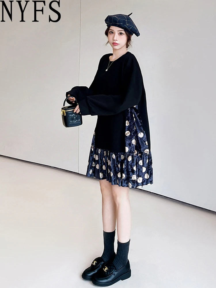 NYFS فساتين نسائية خريف شتاء فضفاض حجم كبير المرقعة المخملية نقطة هيم Elbise رداء نمط فستان كاجوال عصري #1