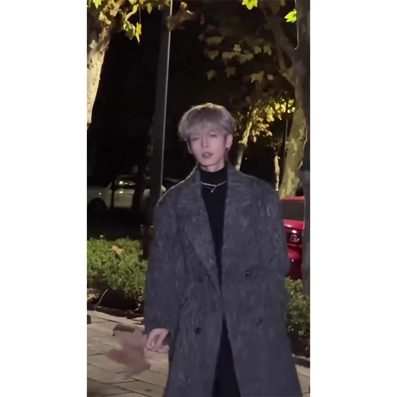 

Korean Sle ey Woolen Coat Men's Autumn Winter Thiened Mid-Length Double-Breasted Trench Coat Casual Faion Outerwear