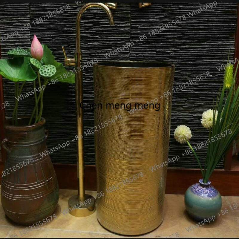 Handmade Artistic Engraved Golden Lines Ceramic Bathroom Integrated Pedestal Sink  Integrated Pedestal Bathroom Sink