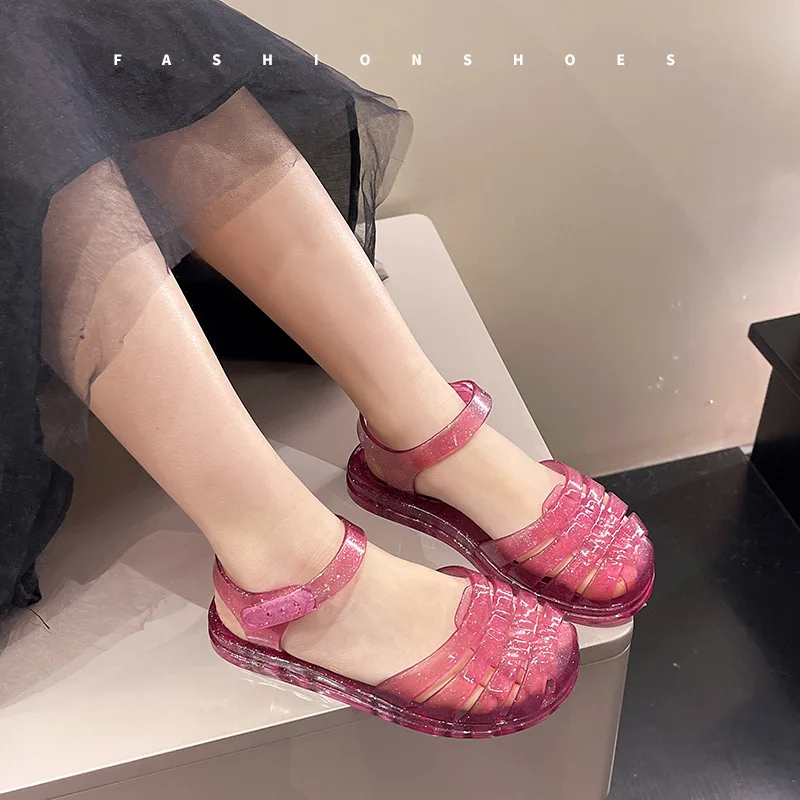 Children Sandals Summer Girls Jelly Shoes Rome Sandals Crystal Princess Baby Soft Bottom Single Shoes Kids Beach Shoes Slippers