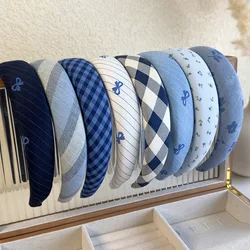 Blue Series Check Bow Headbands Sponge Wide Hair Band for Womans Girls Sweet Hair Hoop Female Fashion Hair Accessories Retro New
