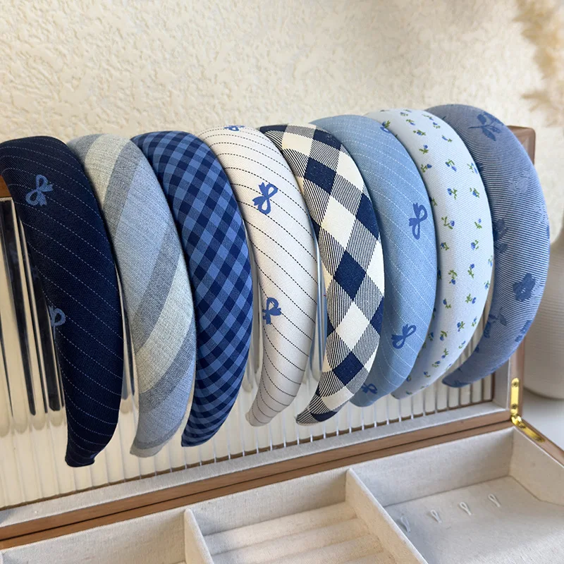 Blue Series Check Bow Headbands Sponge Wide Hair Band for Womans Girls Sweet Hair Hoop Female Fashion Hair Accessories Retro New