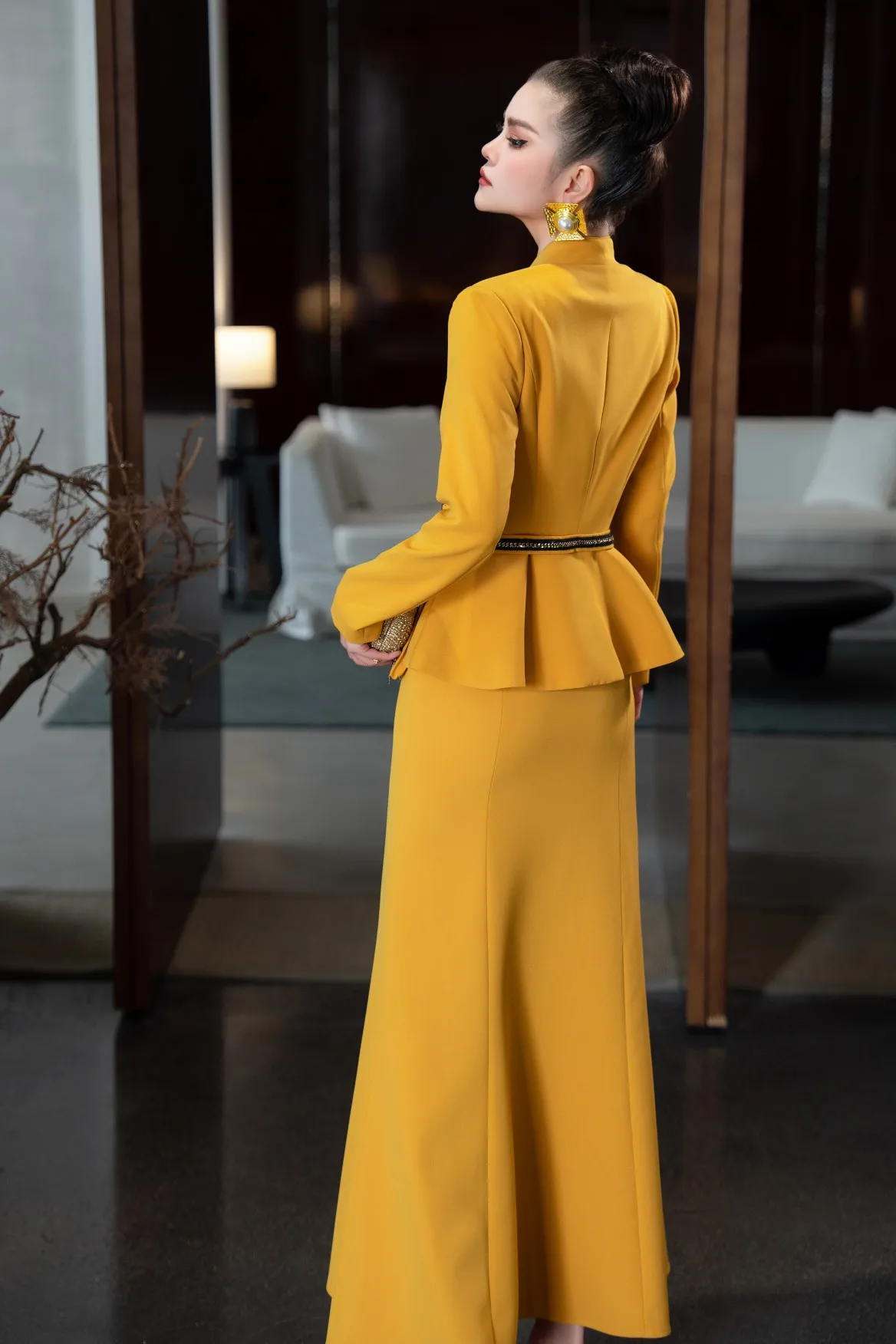 ZJYT Autumn Winter Luxury Diamonds Blazer Long Mermaid Skirt Sets 2 Pieces Womens Outfit Elegant Party Suits Yellow Dress Set