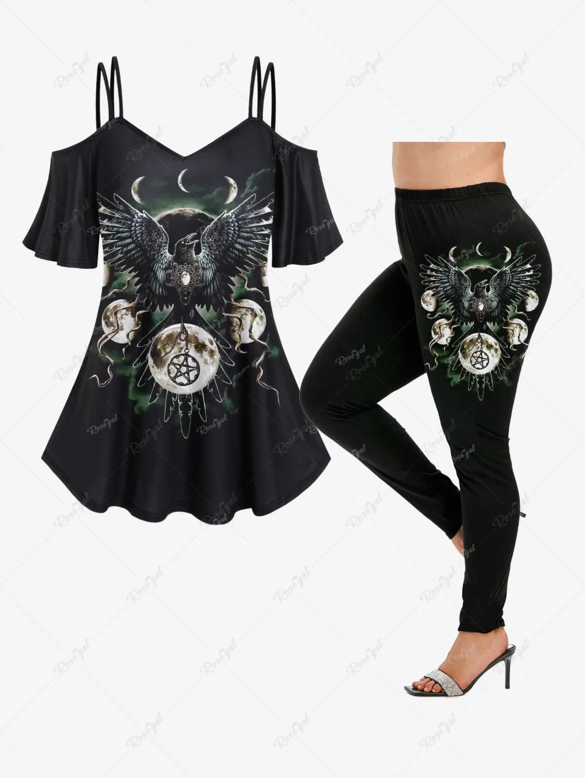 

Plus Size Printed Cami T-shirt Or Skinny Leggings Women's Casual Cold Shoulder Eagle Pentagram Moon Tee Or Tights