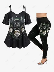 Plus Size Printed Cami T-shirt Or Skinny Leggings Women's Casual Cold Shoulder Eagle Pentagram Moon Tee Or Tights