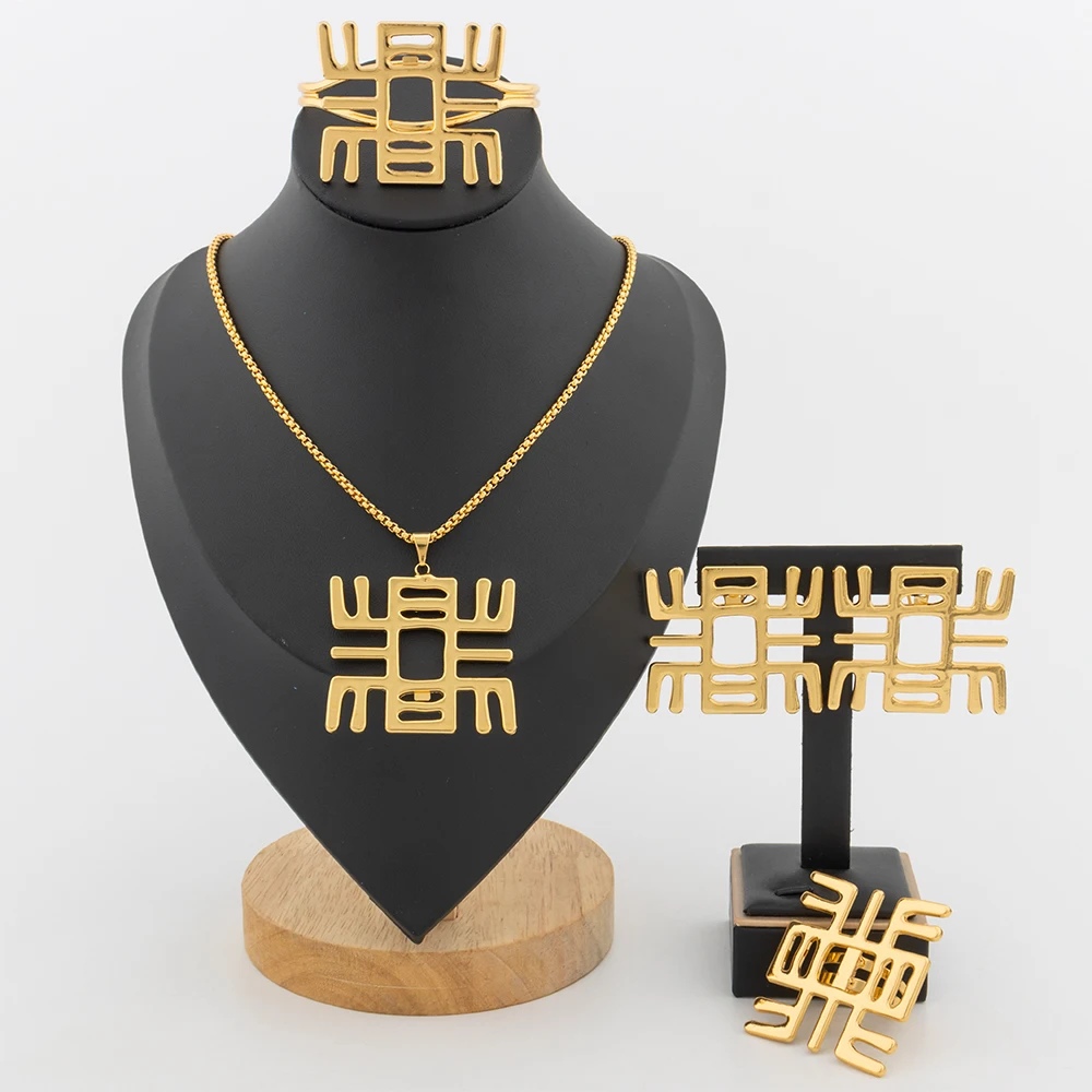 

African Gold Color Jewelry Set for Women Irregular Pendant Necklace and Earrings Hand Bangle Ring Set for Engagement Party Gifts