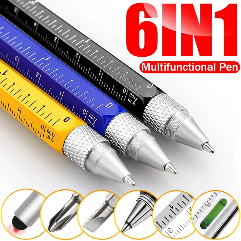 

6 in 1 Multifunctional Pen Touch Screen Stylus Capacitive Pen with Screwdriver Ruler Levelgauge Refillable Ballpoint Pencil Tool