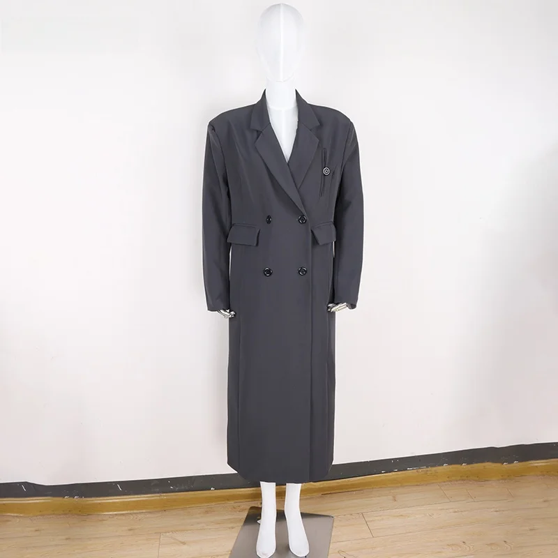 

Nerazzurri ey Korean Sle Windbreaker Jaet Women's Long oulder Padded Double Buttoned Suit Collar Loose Casual Coat