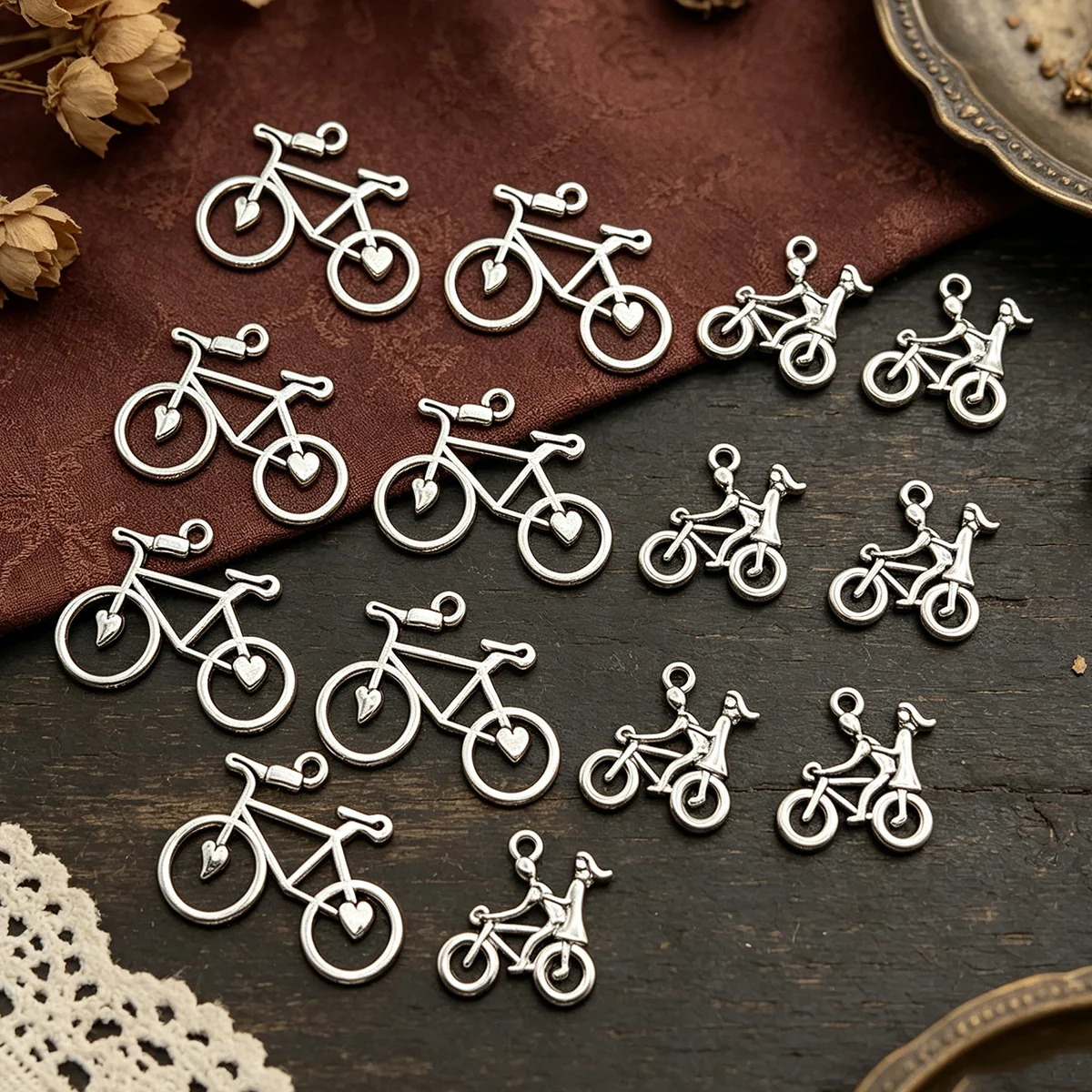 14-Piece Set of Bicycle DIY Handmade Accessories, Featuring Two Hollow-Out Designs: a Heart-Shaped Bike and a Two-Person Cycling Bike, Suitable for DIY Bracelets, Necklaces, Earrings, Pendants, and Handmade Beaded Decoration Accessories