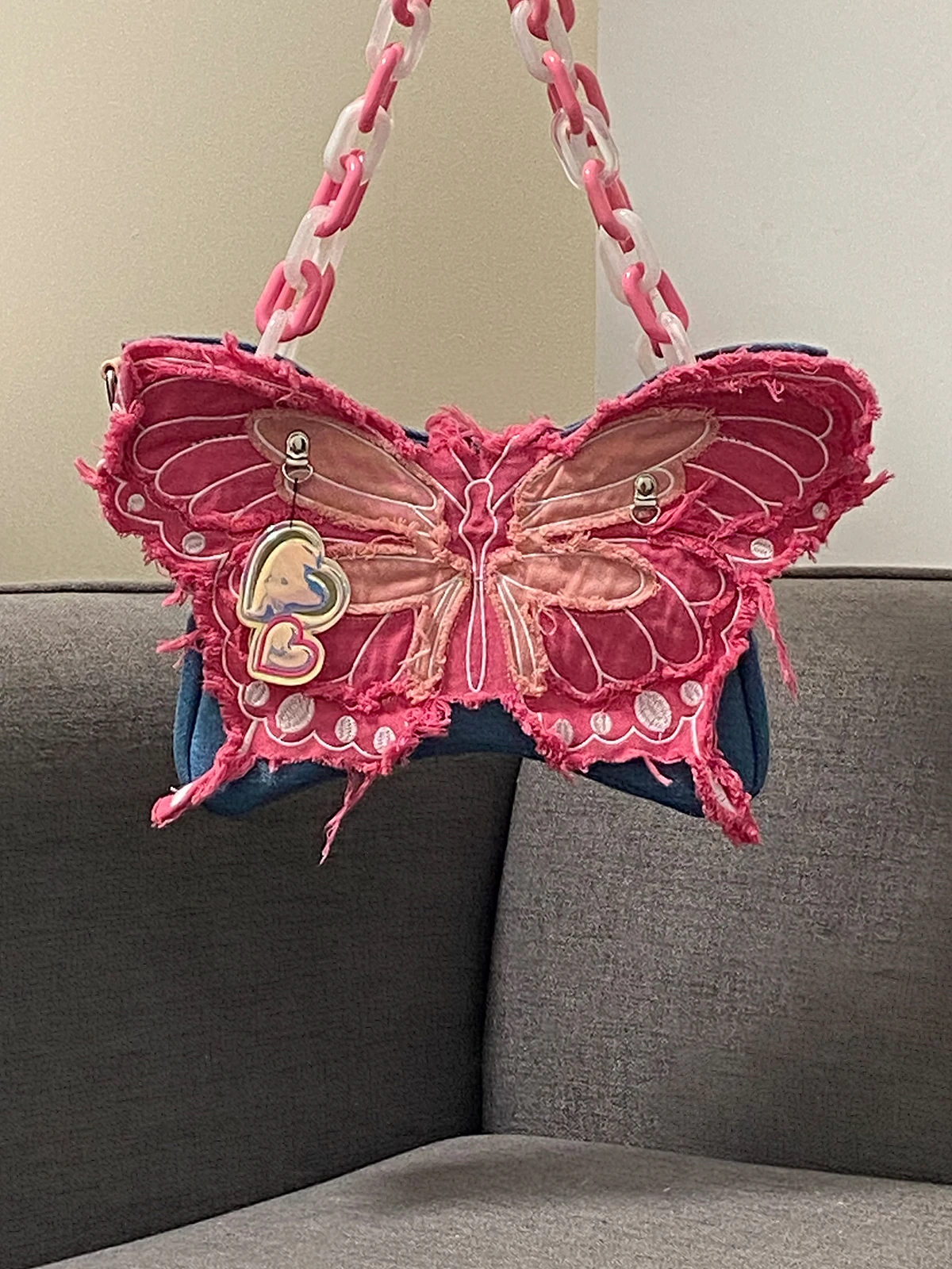 Original denim butterfly contrasting color pain bag acrylic chain shoulder crossbody special-shaped dopamine underarm bag