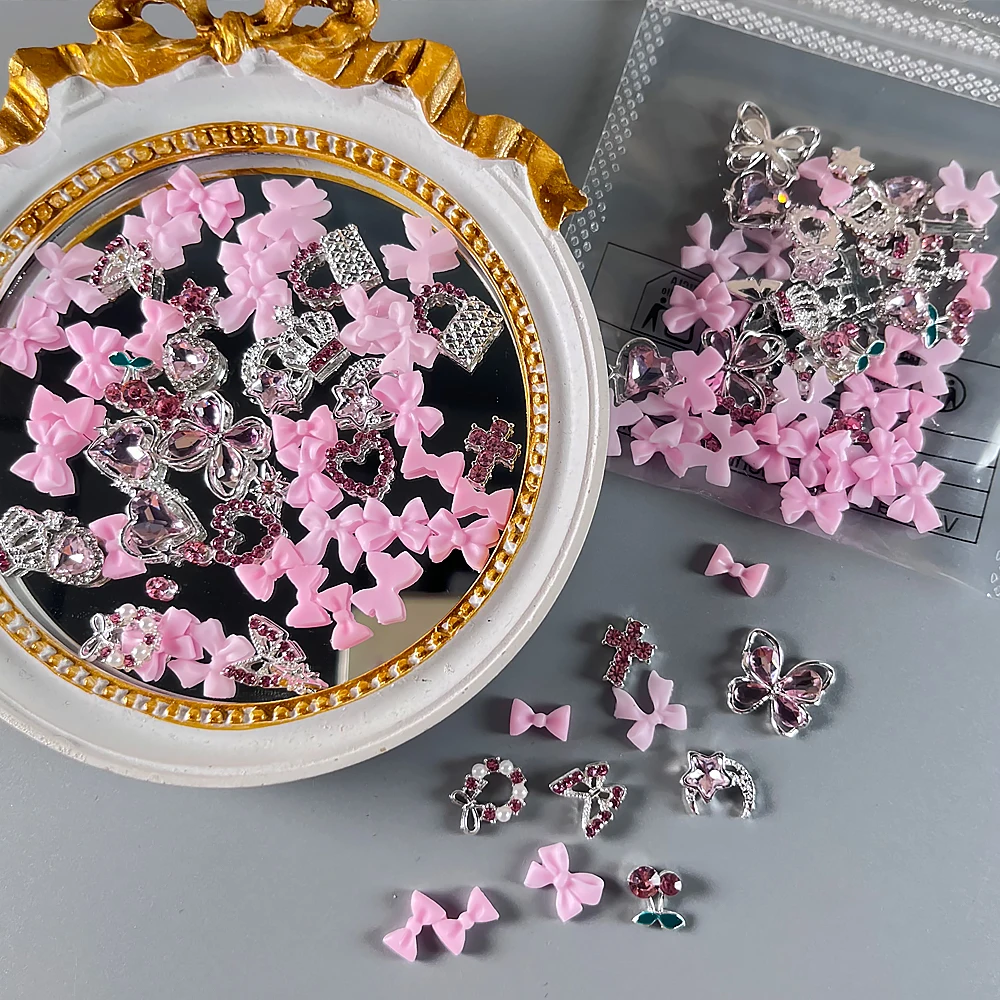 50pcs Mixed Bowknot Nail Art Charms 3D Luxurious Pink Butterfly Rhinestone Heart-Alloy Diamond/Crystal Crown/cross Nail Decor