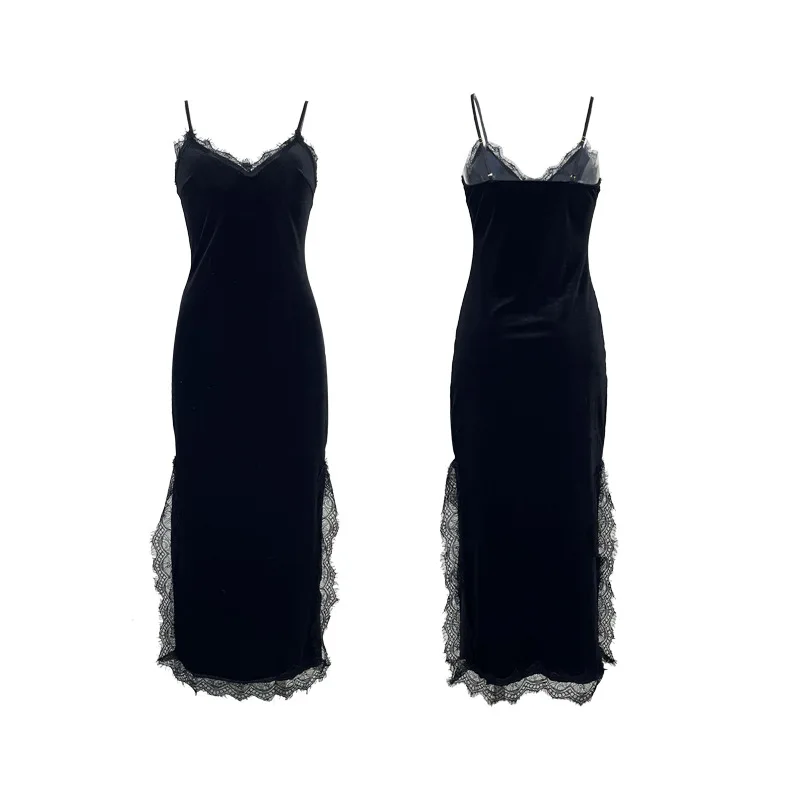 Women Black Velvet Maxi Nightgown Spaghetti Strap Eyelash Lace Trim Side Slit Elegant Long Bodycon Slip Sleep Dress Elegant YDVH