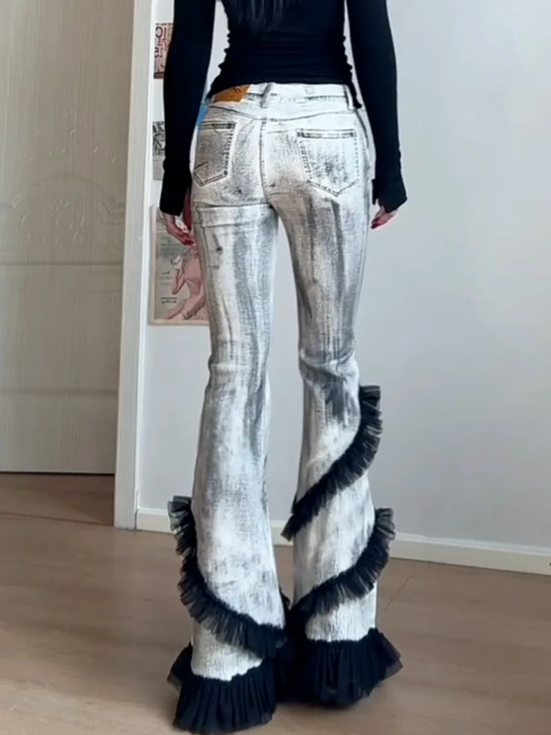 American Retro Plus Size Washed Lace Edge Micro Flared Jeans Street Style Spicy Girl Slim Fit Wide Leg Flared Pants Jeans