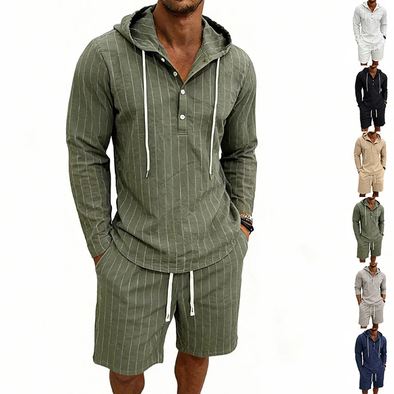 

Men's Linen Casual Striped Hooded Long-Sleeved Shirt And Shorts Set Cotton Blend Comfortable Breathable Outdoor Wear