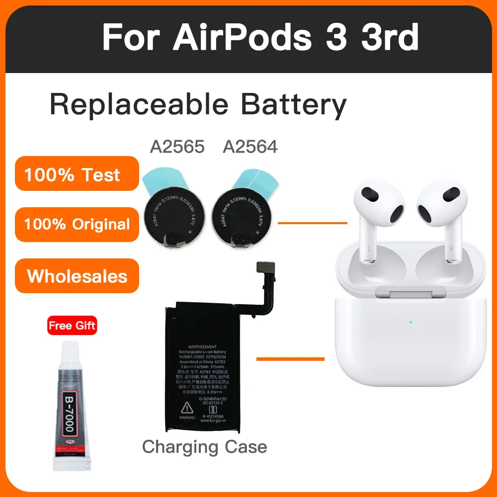 

Replace Battery A2647 3.67V VARTA For Apple Air pods Airpods 3 A2564 A2565 airpod 3rd Replacement Batteries Batteria+Free gule