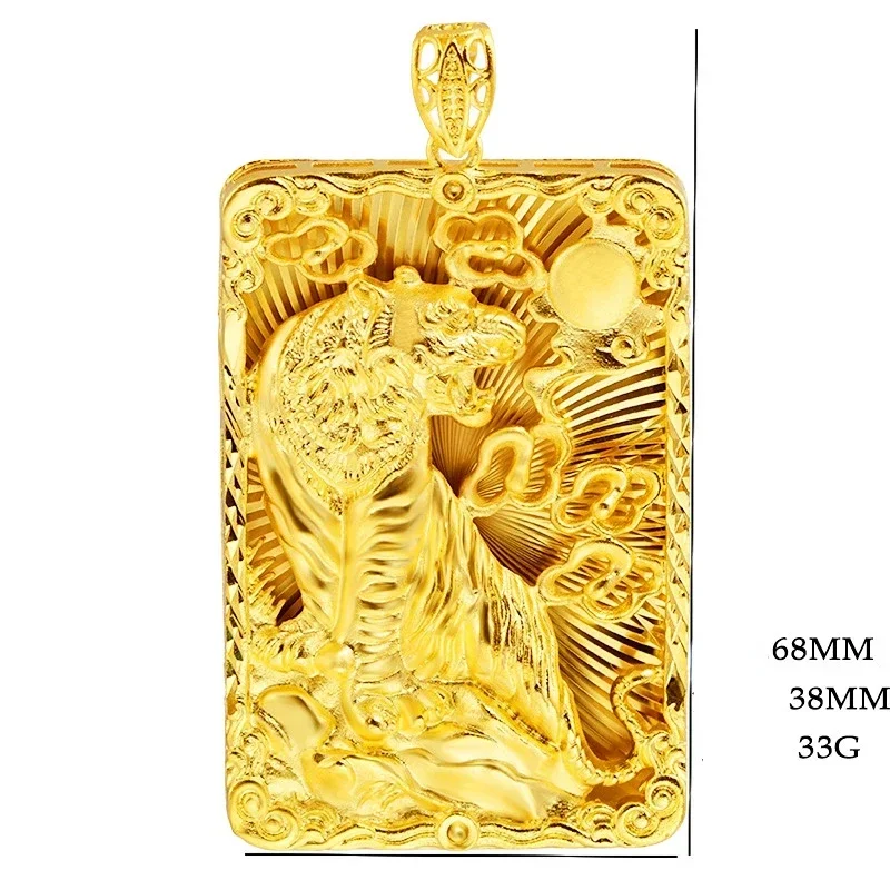 Real 18 K Gold Men\'s Square Tiger Pendant for Men Father Bro Pure Classic Wedding Gold Pendants Without Chain Fine Jewelry Gifts