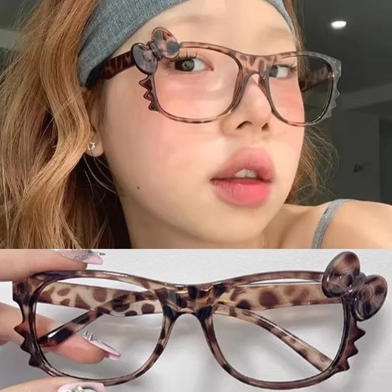 

Kawaii Leopard Cat Bow Glasses Frame No Lenses Cosplay Vintage Y2K Fashion Eyeglass Frames Party Costumes Props DIY Decorative