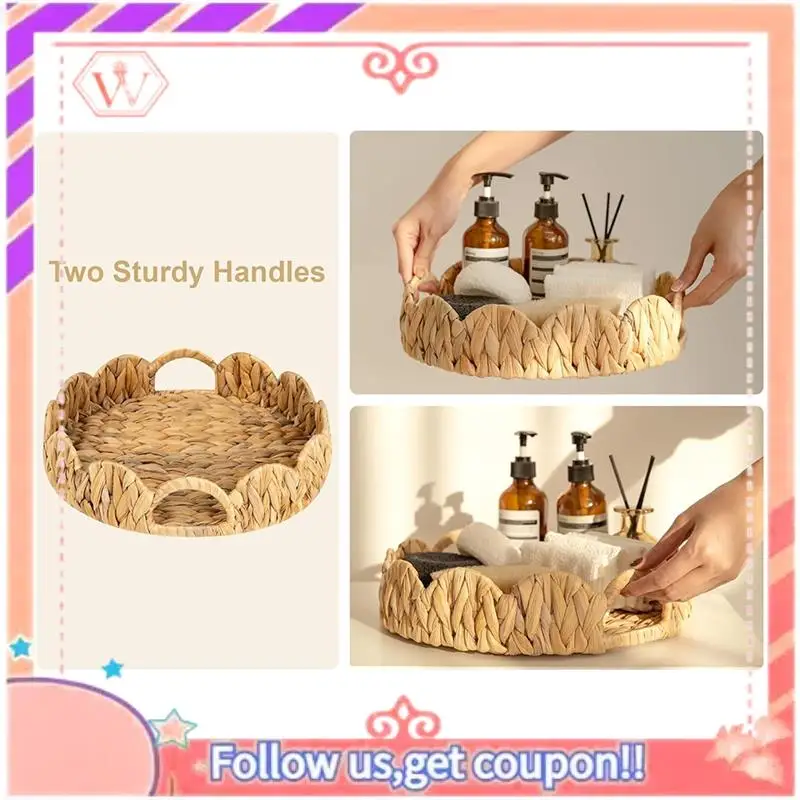 

Upgraded Scalloped Edge Round Tray, Round Serving Tray With Built-In Handles, Decoratve Tray For Coffee Table, Rattan Tray
