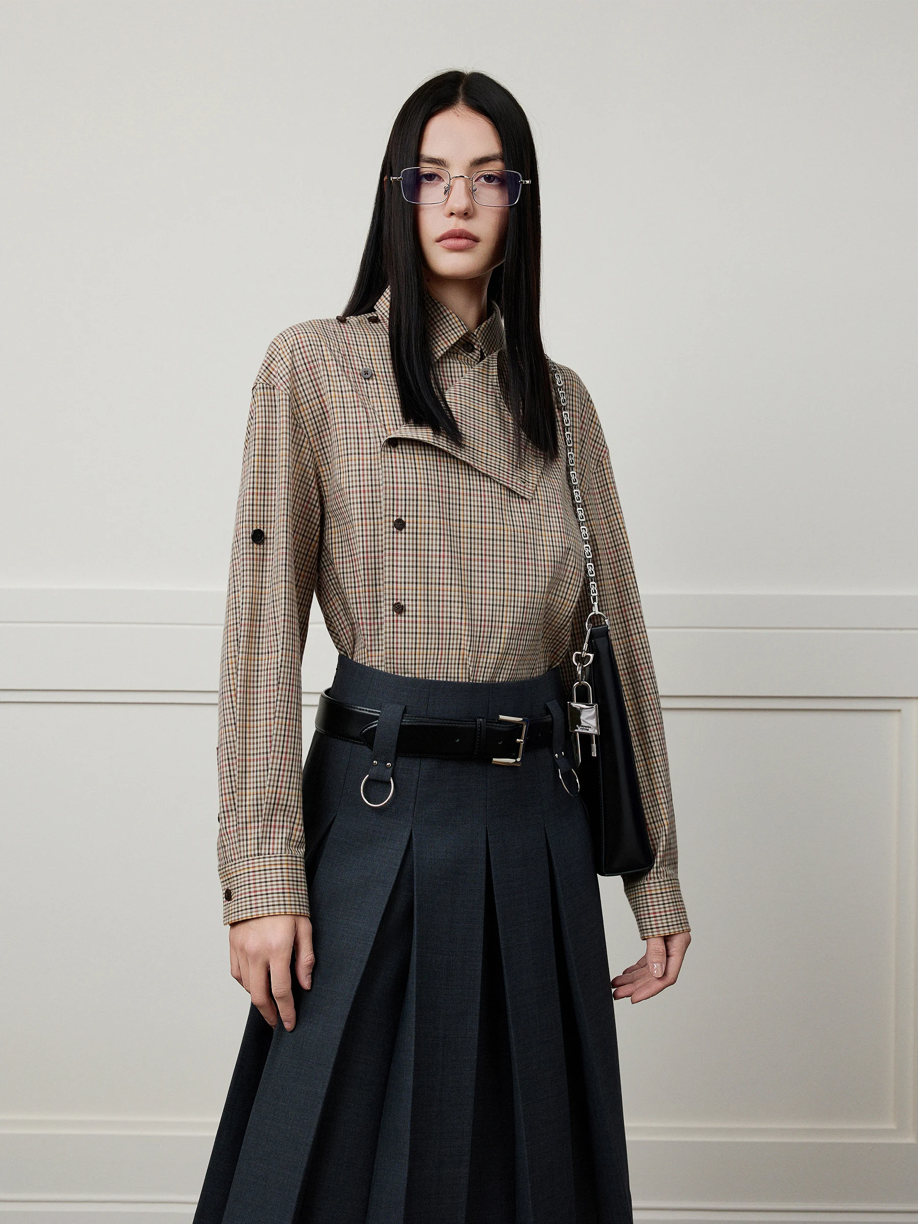 

NancyCavally High Densi SUPIMA Cotton Classic Plaid Woven Double Button Plaet irt Street Sle Loose Fit Long Sve