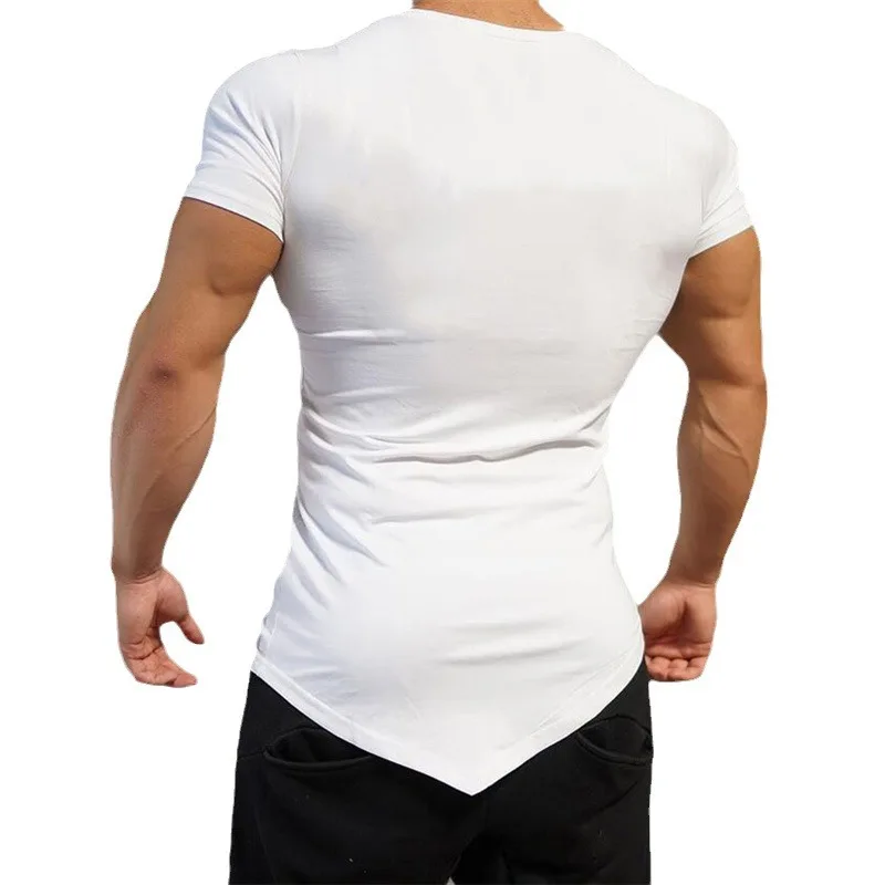 T-shirt de manga curta para homens, feita de algodão, respirável, com decote em v oblíquo, slim fit, fitness, ginásio, musculação, bainha irregular