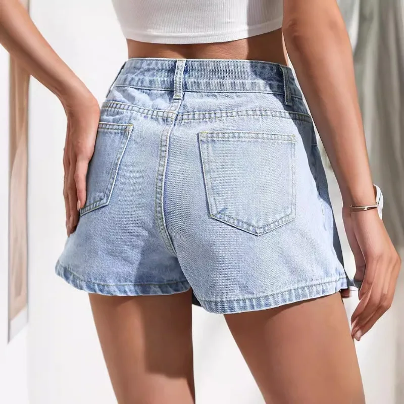 Mulheres verão 2023 Sexy Cintura Alta azul Botão Shorts Verão streetwear Cor Sólida Flap Bolso Belt Loop Culottes Adulto shorts