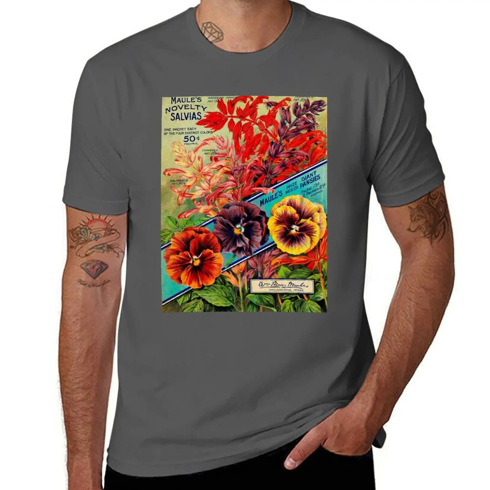 

Vintage Maule's Novelty Salvia & Giant Pansies Floral Ad T-Shirt Sports Casual Breathable Tee Shirt