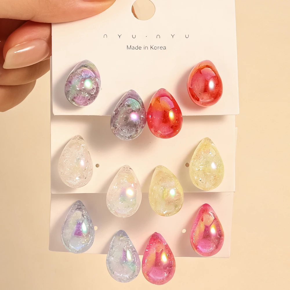 4pcs Cross Border Iridescent Candy Color Broken Glass Clear Texture Water Drop Earrings Senior Design Sense Summer Stud Earrings