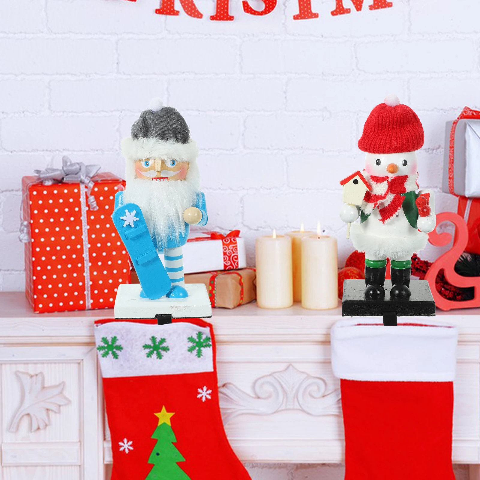 

1Set Xmas Stocking Holder Snowman Santa Claus Wood Zinc Alloy Fireplace Hanging Hooks for Stockings Gifts Mantle Decoration