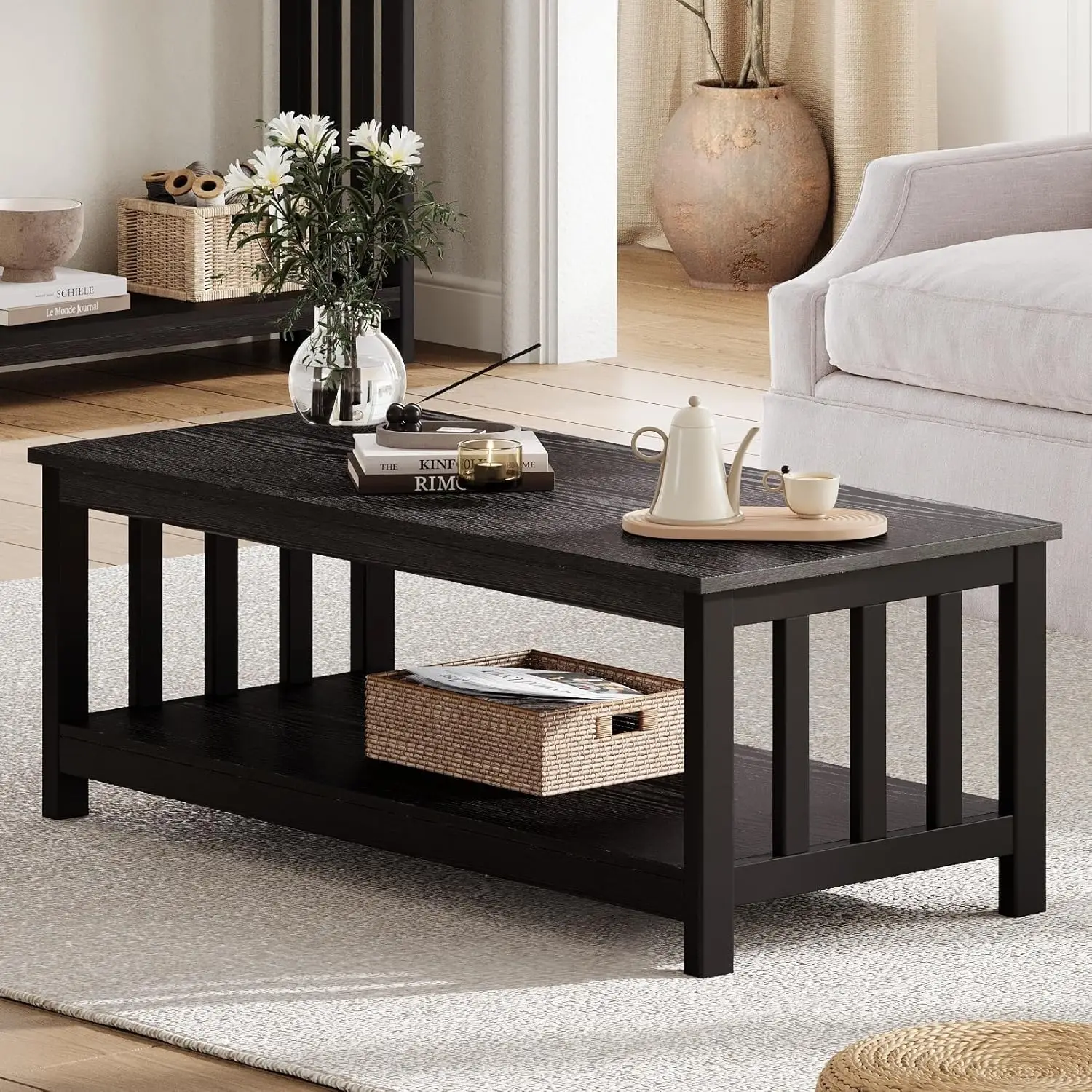 

Mission Coffee Table, Black Wood Living Room Table with Shelf, 47 inch