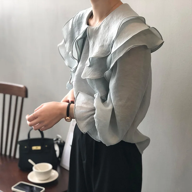 2024 Spring New Women Blouse Ruffle Elegant Designer Shirt Light Doll Neck Long Sleeve Top Casual Beautiful Female Clothing 8037