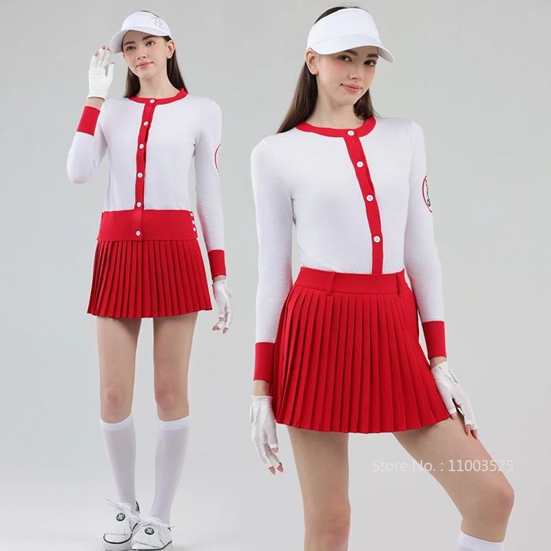 pl-korean-golf-clothing-women's-knitted-sweater-crewneck-long-sleeve-golf-tops-slim-warm-shirt-coat-pleated-tennis-skirts-suit
