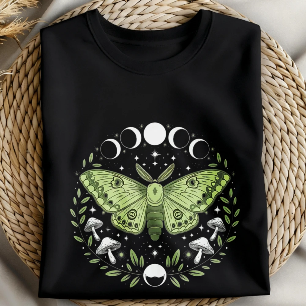 Lunar Moth Mushroom Graphic Tee Witchy Celestial Spiritual Nature Unisex Trendy Shirt Cottagecore Aesthetic Cotton Short-sleeve