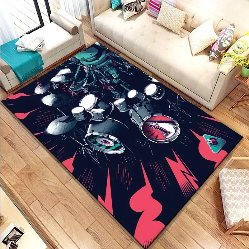 Drum Kit Music Rug – Rock Band Instruments Design | Large Non-Slip Carpet for Bedroom, Dorm & Living Room Decor