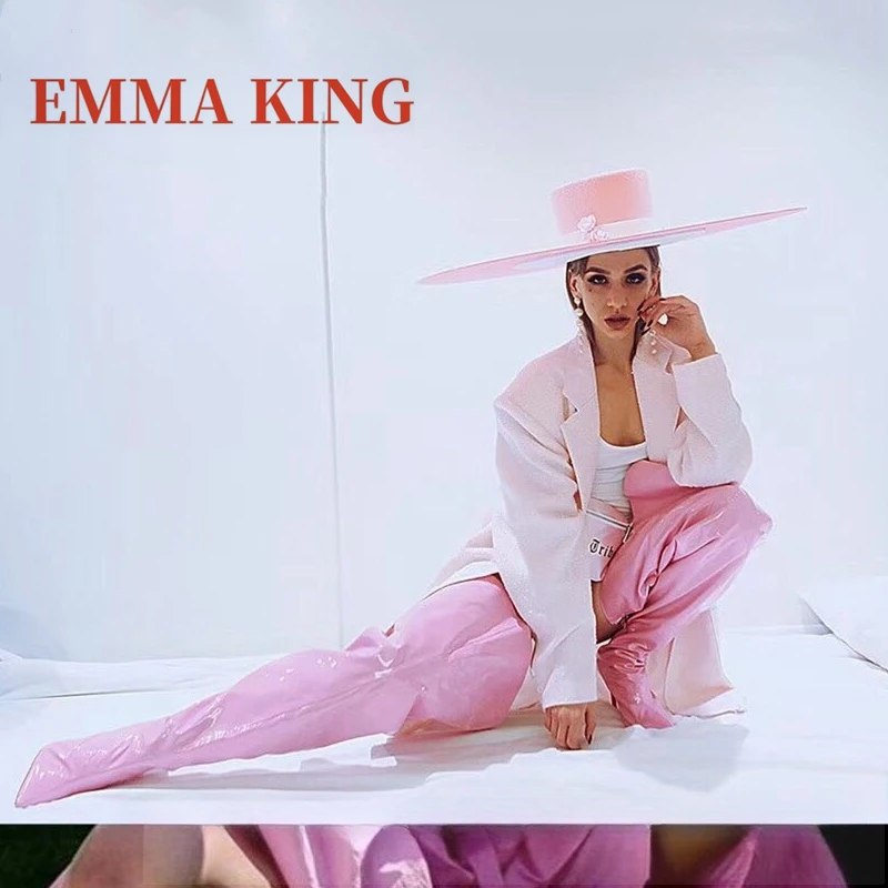 النساء الوردي الفخذ أحذية عالية مثير أشار تو الخنجر الكعوب فوق الركبة الأحذية عودة البريدي رقيقة عالية الكعب طويلة بوتاس دي Mujer 44