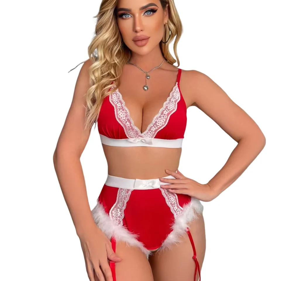 

С Рождеством, комплекты сексуального нижнего белья для женщин, красная ночная рубашка, плюшевые теплые рождественские эротические костюмы, наряды для ролевых игр, комплект из 3 предметов с кружевным бантом