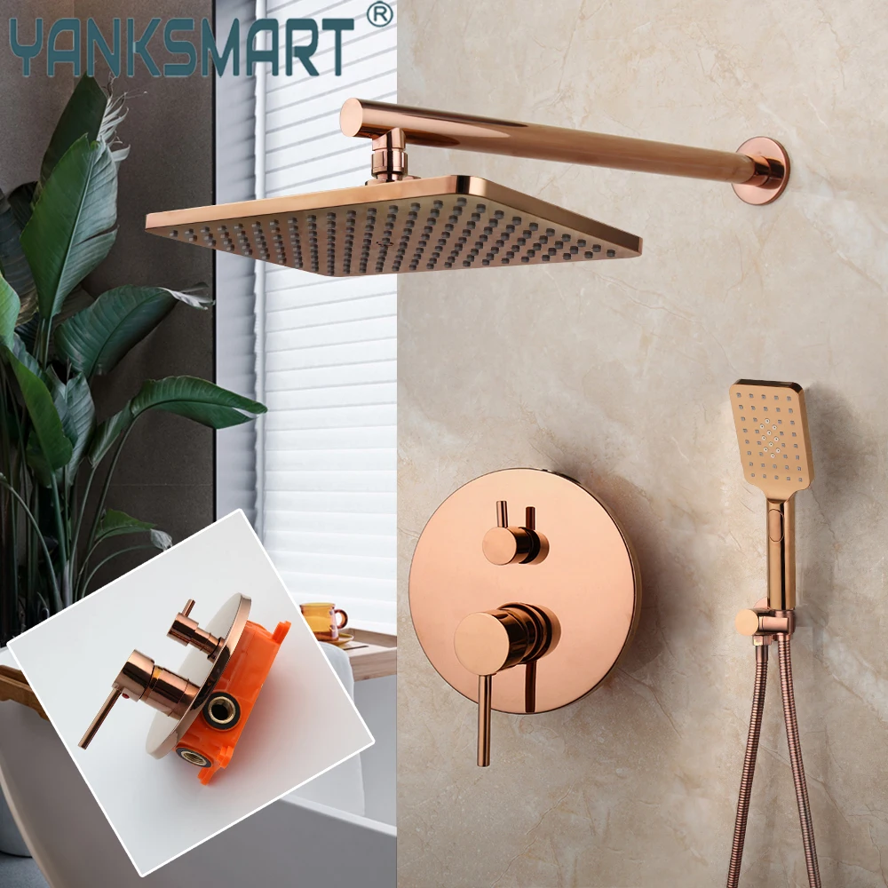 

YANKMSART Bathroom Shower System Rectangle Rainfall Rose Gold Wall Mounted Hand Shower Rotate Spout Mixer Water Tap Combo Kit