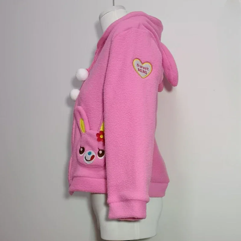 Japanese Lolita Style Autumn Winter Women Sweet Wool Jacket Kawaii Soft Bunny Ears Hooded Coats Cute Cartoon Embroidery Outwear