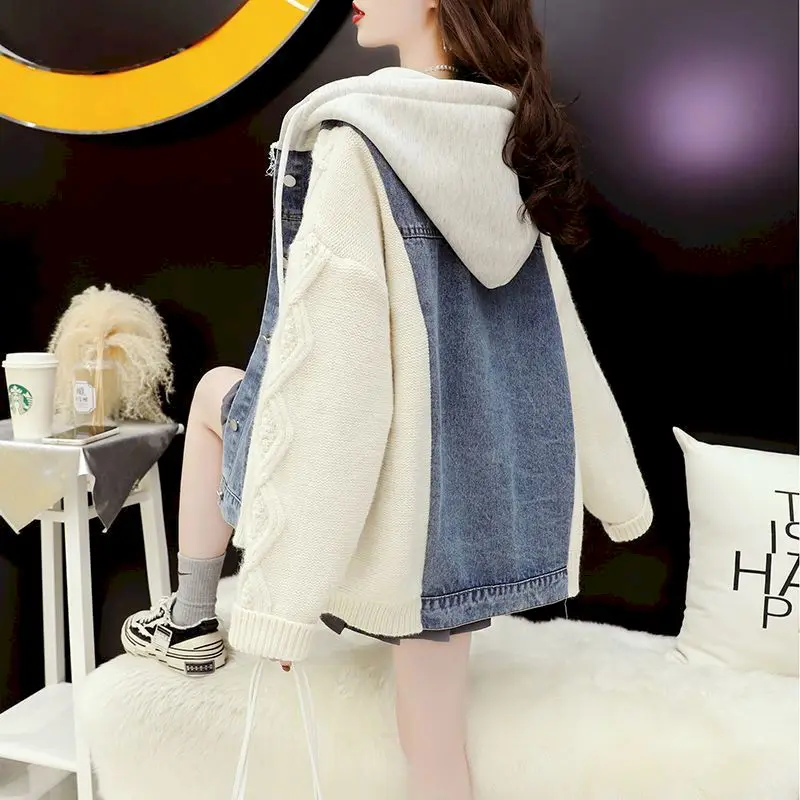 Fashion Knitted Patchwork Hoodies Women Casual Loose Hooded Denim Jackets Spring Autumn Trend Cardigan Design Hoodie Y2k Clothes