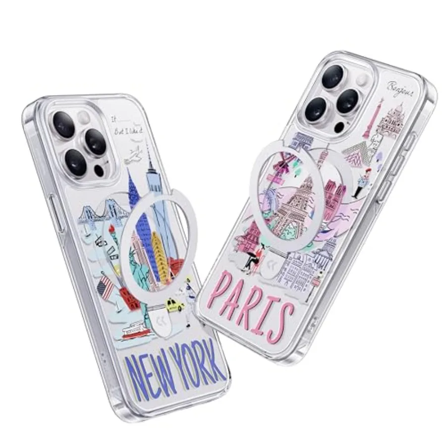 Pannello posteriore trasparente con serie Landmark Building City Memory per custodia New York Phone 14 Pro con supporto ad anello magnetico Milita
