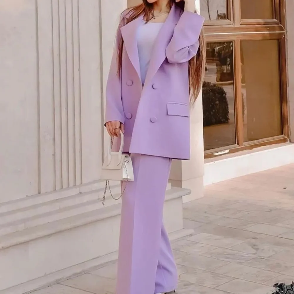 

Chic Purple Double Breasted Women Pants Suit 2 Pieces Blazer Trousers Custom Made Set Formal Evening Party Dress
