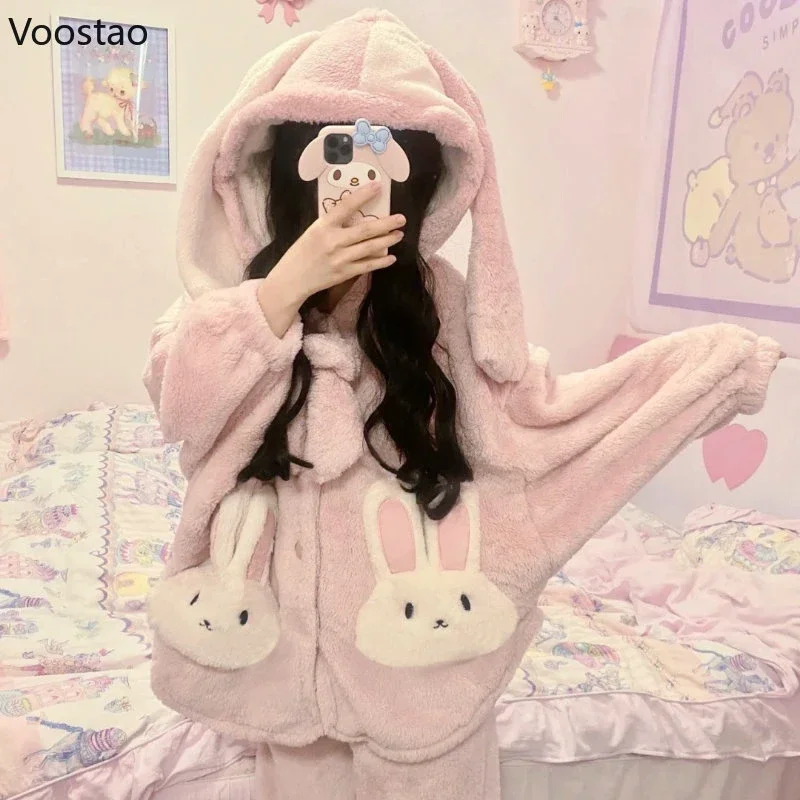 Autumn Winter Cute Lolita Princess Pajamas Sets Warm Cartoon Rabbit Ears Hooded Plush Leisure Wear Girl Sweet Homewear Sleepwear