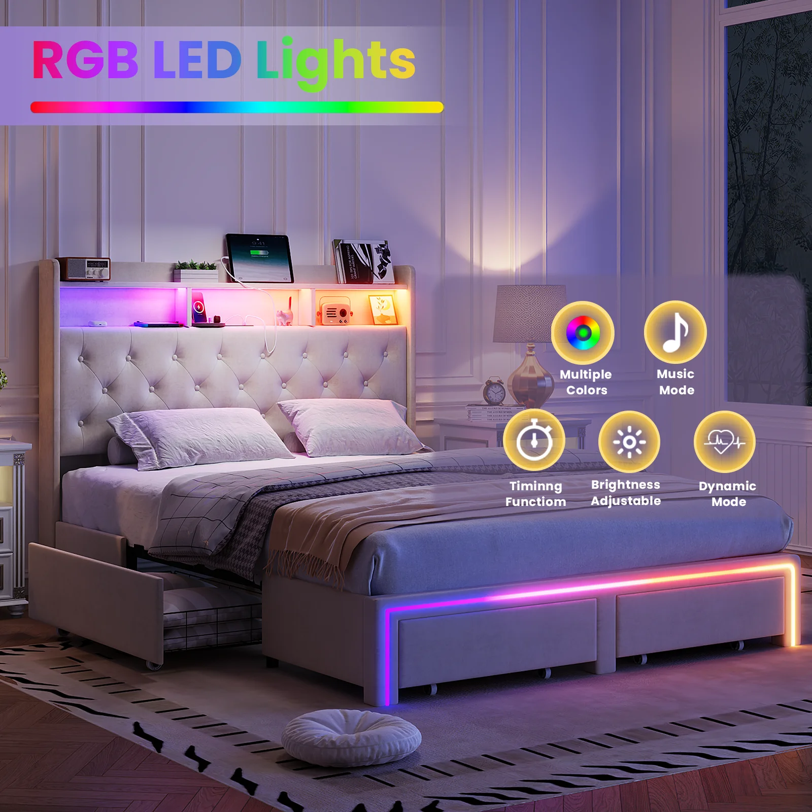 Queen LED Bed Frame With 4 Hidden Storage Compartments,Velvet Platform Bed With 2 Storage,3-In-1 Power Combo & Fast Charging