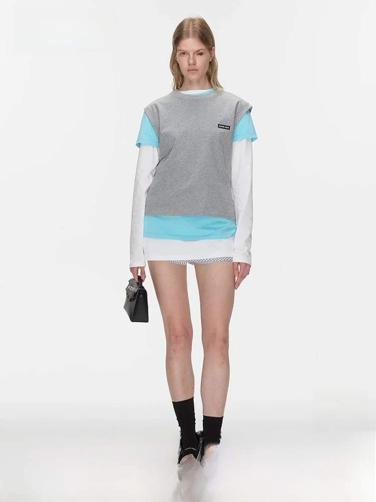 

ADE 25SS Casual Chic Layered Logo Trim oulder round Ne Tee-Piece Set T-irt Commute Sle Universal Fit Daily Wear