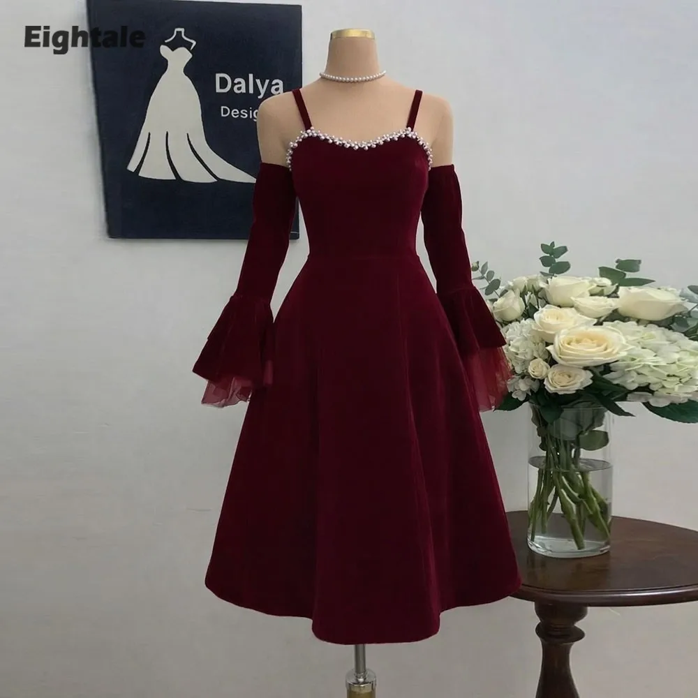 

Eightale Velvet Evening Dress for Wedding Party Customized Sweetheart Long Sleeves Lace Burgundy Short Arabic Prom Gowns
