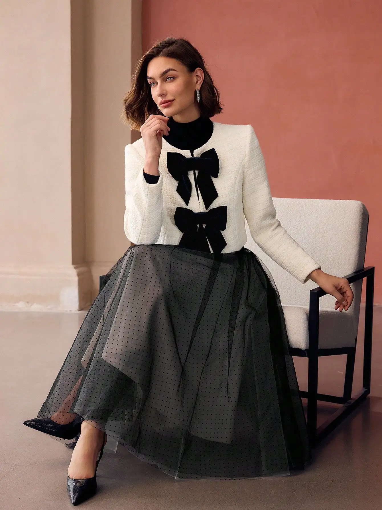 

Elegant Tweed Jacket with Velvet Bow Front for Women, Classic Winter Outerwear