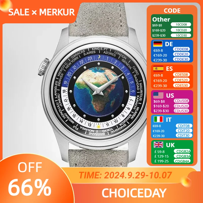 Merkur Dual Crown World Time Enamel Dial Watch Retro Manual Mechanical Watch Men Date Window Watch Vintage 38mm