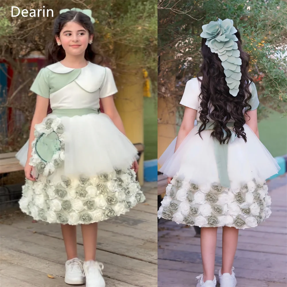 

Dearin Scoop Neckline Ball Gown Tea length Skirts Applique 3D Flower Girl Dresses