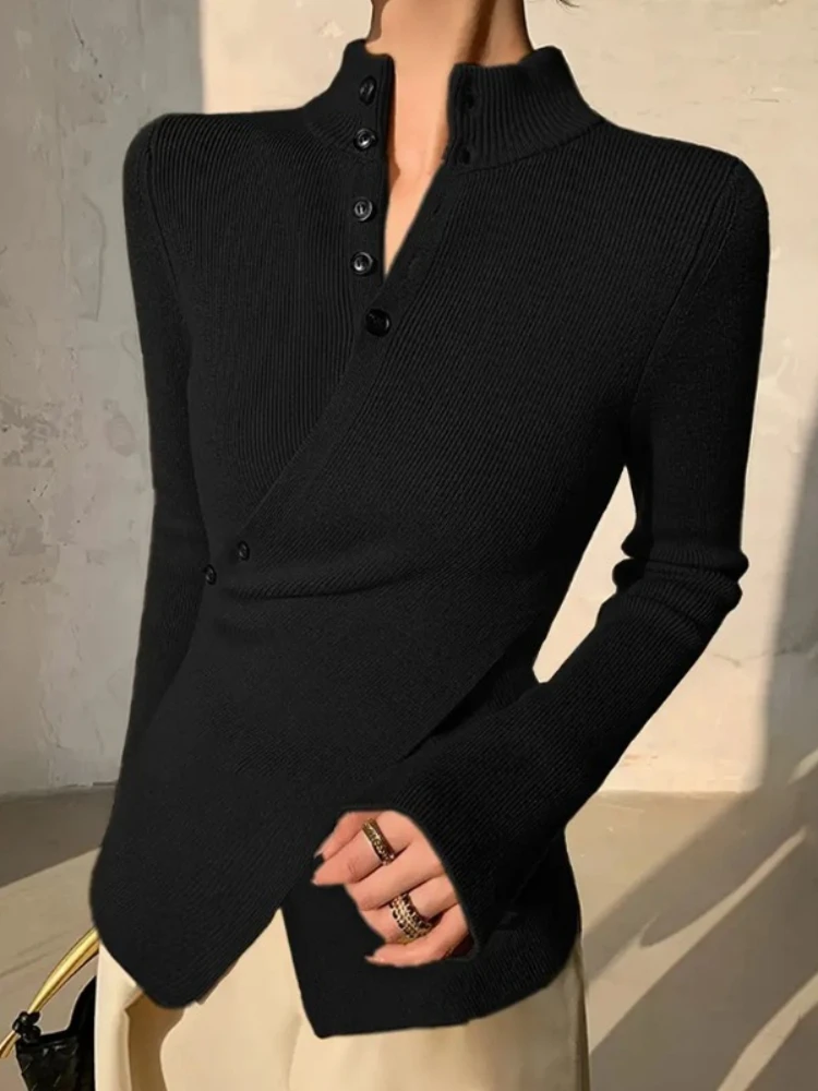 Autumn Winter Fashion Simple Elegant Commuter Long Sleeve Knitted Sweater High Collar Solid Color Asymmetric Knitted Sweater Top