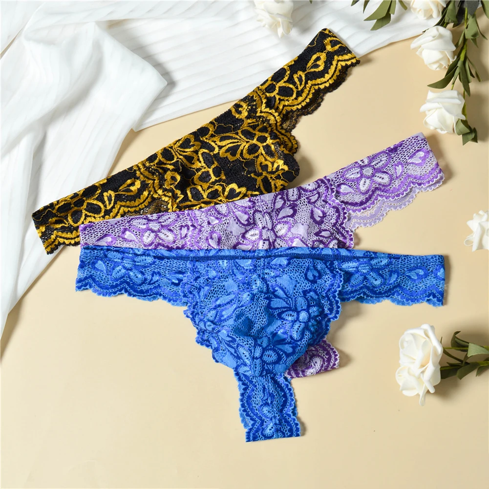 Men\'s Thong with Sheer Fabric Composition Lace Embroidery Artistry and Low Waist Bugle Pouch for Defined Silhouette