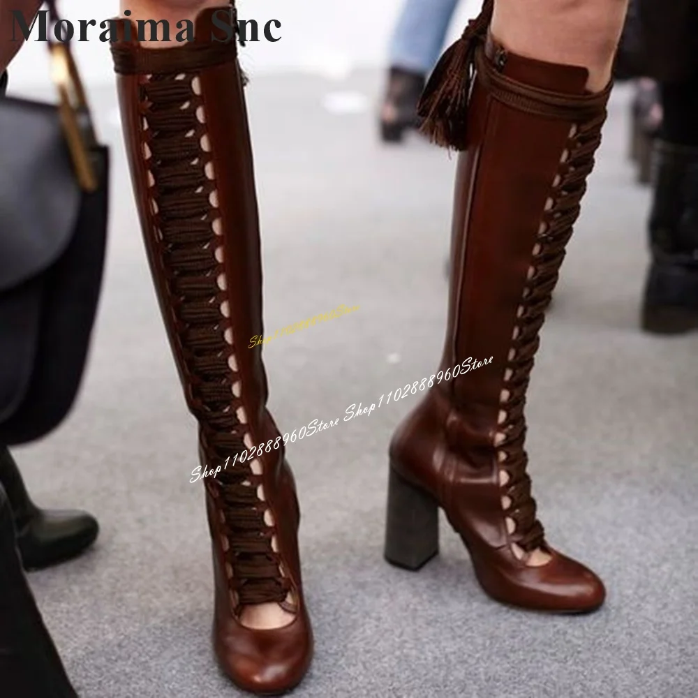 

Stylish Knee High Brown Cross Tied Boots Chunky High Heel Women Shoes Side Zipper Round Toe 2024 Fashion Zapatos Para Mujere